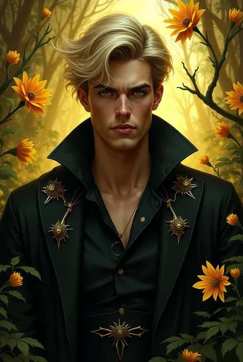 realistic drawing, an extremely handsome man, blonde hair, green eyes, full lips, very masculine traits, and very hard and chiseled features, clean skin, dressed in black with a black cape with gold, in a black magic garden, golden flowers with thorns, pho...