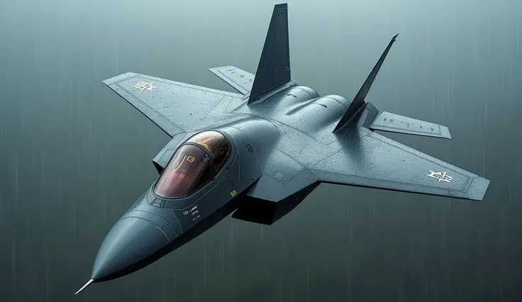 F-22 Raptor flying, wet rainy day reflecting the shine
