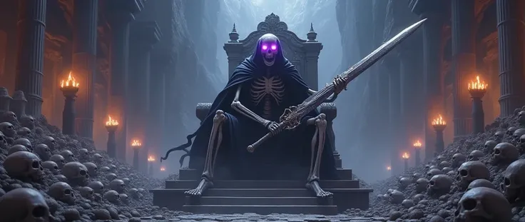 beautiful photos, detailed image, 8k , Beautiful drawing, a throne on a mountain of skulls, a skeleton monster with glowing purple eyes angry eyes, wear noble clothes, wear a cloak on the back, average body, holding a huge bone sword, is going down, many m...