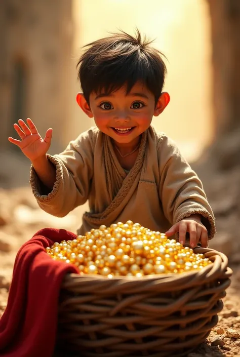 "A man, appearing to be around 3, looks extremely poor, like a beggar. In front of him is a basket filled with gold, pearls, and gems, covered by a red cloth. His hand is pressing to the side while he gestures towards the basket. His face carries a smile. ...