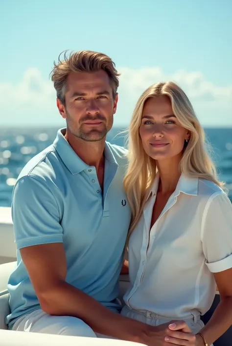 (Photorealism:1.2), man with brown eyes and brown hair wearing camisa social azul claro Fred Perry  with his blonde wife green eyes long hair  usando camisa social Ralph Lauren branca on a yacht 8k ultra realistic photorealistic super detailed o melhor pos...