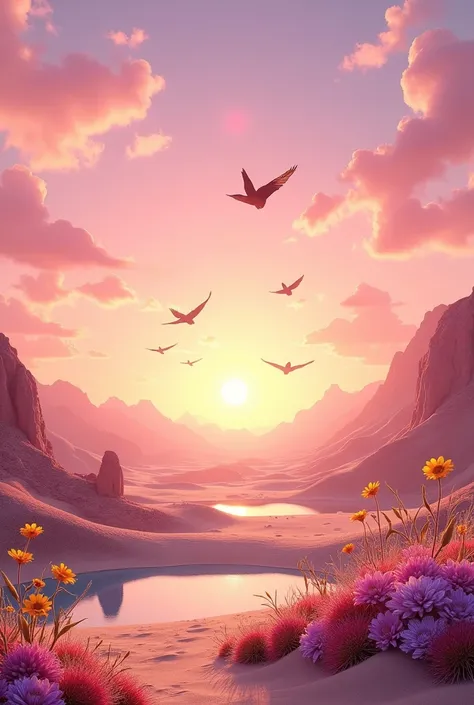 I want an image with desert flowers during a beautiful pink afternoon and there are birds flying in the sky and a small lake on the left side