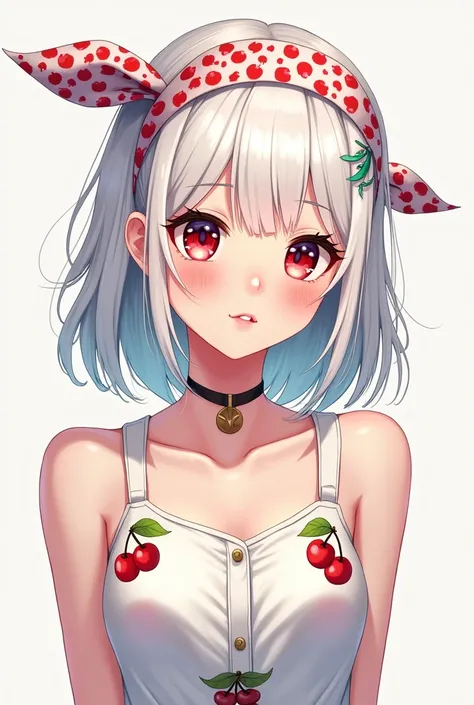 One with shoulder length white hair, with a cherry-patterned bandana tied in her hair, with a white jumpsuit with anime cherries drawn on it