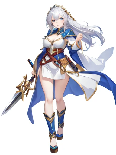 high fantasy clothes, ((white background)), full body, weapon, female, solo, cleavage,