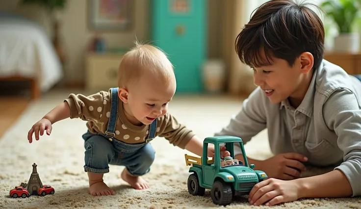 A boy playing with car 