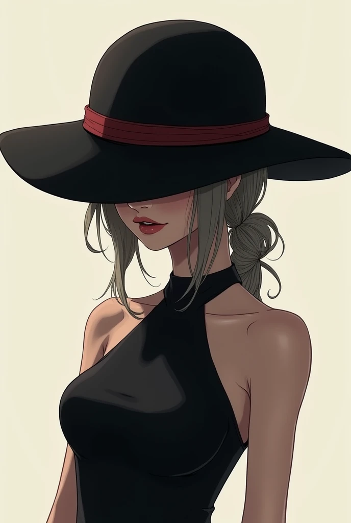 anime girl with a hat like luffy&#39;s from one piece covering her face showing only her mouth wearing an all black dress