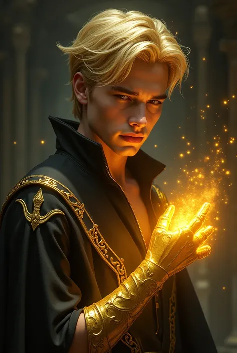 Man. Short golden Shining Hair. 
Dark fantasy. Golden gloves shining. No Beard!