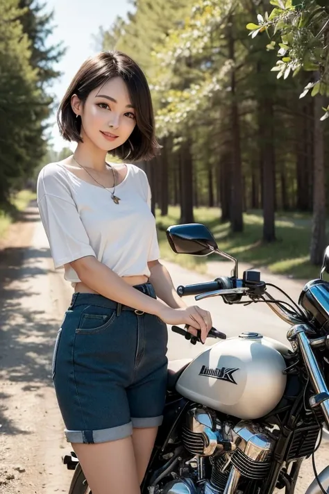 ((Highest quality, 8k, masterpiece: 1.3)), sharp: 1.2, , Perfect Body Beauty: 1.4, (Very small waist: 1.5), Cute Face, Black short hair, (((Woman on a motorcycle))), Slender body, ((casual)), Highly detailed face and skin texture, Beautiful Eyes, double ey...