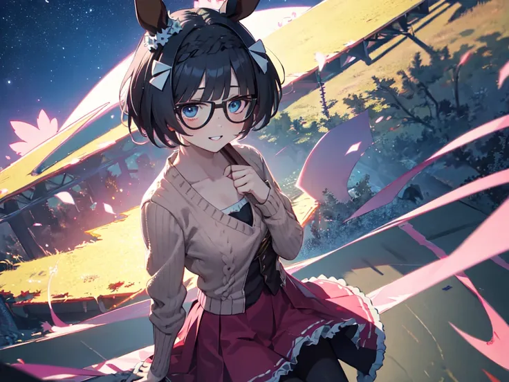 solo、alone、Horse ear woman、Ultimate cute、Wearing pink glasses、Pink Lipstick、cheek、Pink suit、Pink sweater、Pink tights、Pink Skirt、Starry Sky、Levitation、breeze、Chest centered, parted lips, smile, first-person view, cut-in, anime style, UHD, retina, masterpiec...