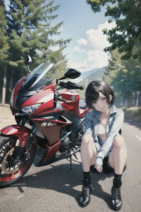 ((Highest quality, 8k, masterpiece: 1.3)), sharp: 1.2, , Perfect Body Beauty: 1.4, (Very small waist: 1.5), Cute Face, Black short hair, (((Woman on a motorcycle))), Slender body, ((casual)), Highly detailed face and skin texture, Beautiful Eyes, double ey...