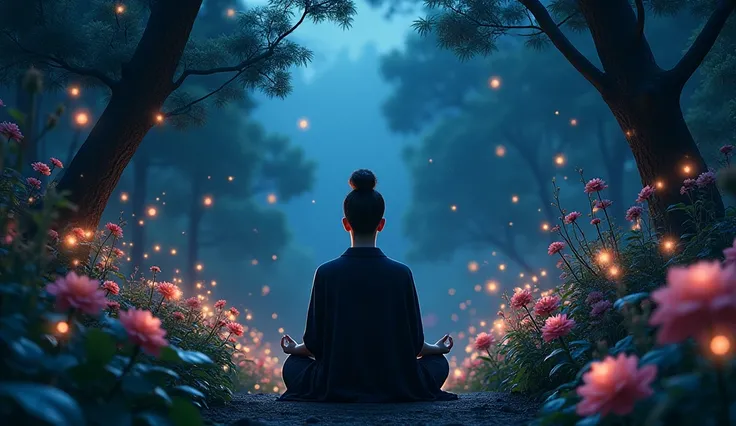 Veil of Night
A serene nighttime garden filled with dark flowers and glowing fireflies, where a figure meditates, embodying peace and dark confidence, with high color contrast, with color enhanceme