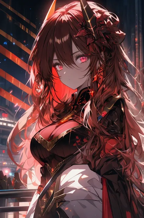 Waist Cloak,The background is a futuristic city with neon lights.,Dark red long hair,Big breasts,Wields a large, red pair of swords,The costume is based on black and red with gold lines.,Underexposed eyes,Eye color is gold,The head has a streamlined horn-l...