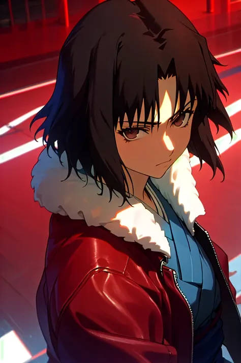 best quality, masterpiece, highres, solo, (dynamic angle),raytracing, (ryougi_shiki_karanokyoukai:1.10), red leather jacket, blu...