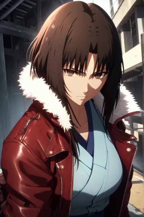 best quality, masterpiece, highres, solo, (dynamic angle),raytracing, (ryougi_shiki_karanokyoukai:1.10), red leather jacket, blue kimono, fur trim, portrait, looking at viewer,