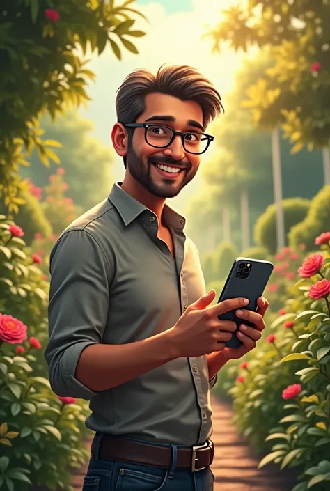 A man is standing in the garden and he has an iPhone in his hand and he is also wearing glasses and his name Is harshu kumbhkar 