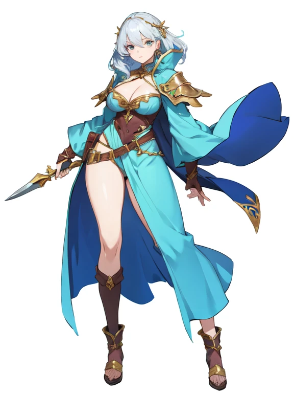 high fantasy clothes, ((white background)), full body, weapon, female, solo, cleavage, character design,