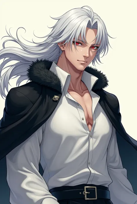 Boy. Strong body. Long white hair. white eyebrows. white eyelashes. red eyes. white shirt with wide sleeves. Чëрный плащ с мехом на плечах
Стиль аниме, Аниме, Краснеющий, 