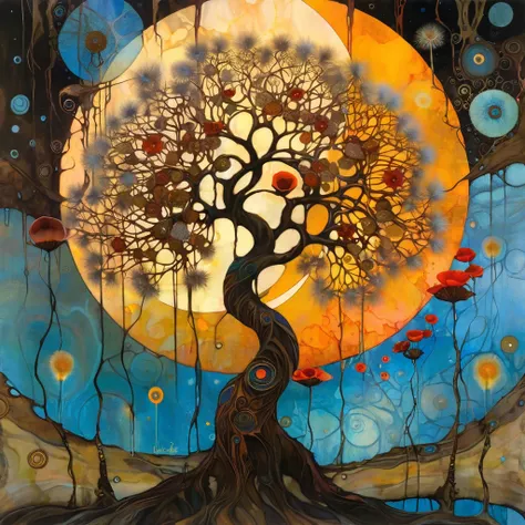 oil and acrylic painting. In the style of Dave McKean, Klimt. yggdrasill treein the center of a large swamp. The trees trunk is twisted, cracked, its branches are of transparent blown glass expanding toward the sky in ellipses , its large roots are of rust...