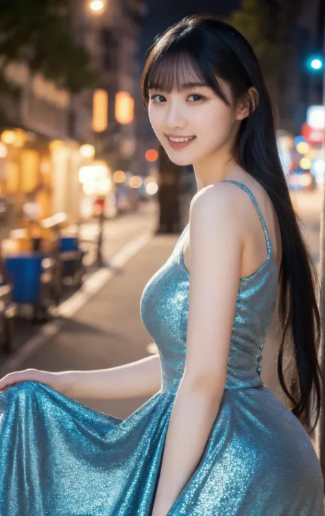 1girl,(wearing a blue glittery evening dress:1.2),(raw photo, best quality), (realistic, photo-realistic:1.4), masterpiece, an e...