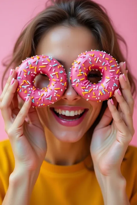 A woman smiling and holding a donut in front of each of her eyes, the donuts are covered in pink with thin, long colored sprinkles