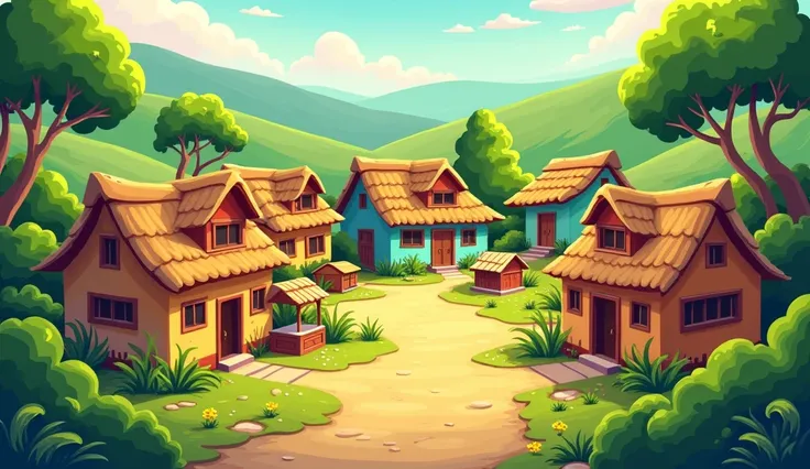 Indian village poor in 2D cartoon style, moring village  houses, village square, green trees and much more but without people, 