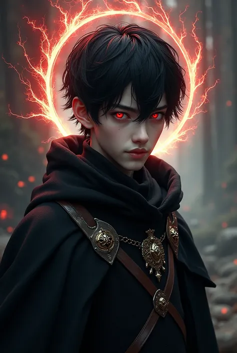 A pale young male human with red eyes and black hair, he have a halo of dark energy above his head and is dressed like a dark knight in a high fantasy setting 