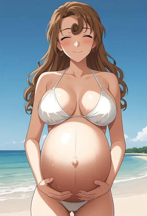 Huge breasts、blush、Sweat、In the heat、smile、One Girl, alone, Brown Hair, blue eyes, Curly bangs、Long Hair, smile,close your mouth, Argyle, (Eyes closed:1.5)、
{Highest quality}, {so beautiful}, {Very detailed}, {Best illustrations},Life、slim:1.5、White Bikini...