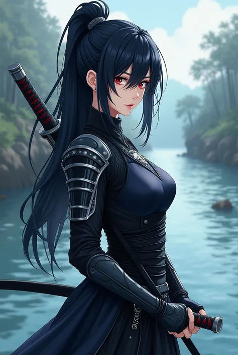 Pale Young handsome women in around 26 wearing onyx armour with raven black long hairs and deep dark black eyes standing near a seren river swinging a katana in his hand in around 56 in height, High Resolution, Masterpiece, Messy Hair, Anime Style, 