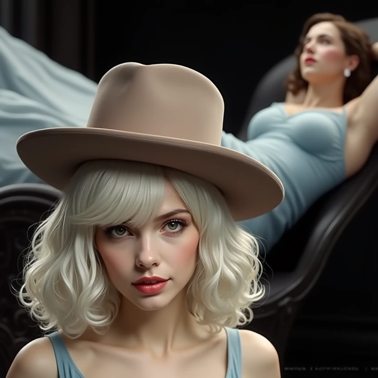 white wig, blue camisole, cocked hat