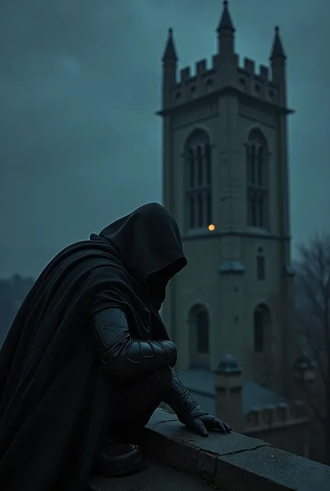 a man in leather armor is sneaking into a medieval church tower, he is on the roof, dressed in black robe, crouched, dim light, night, eyes glinting and reflecting the starlight
