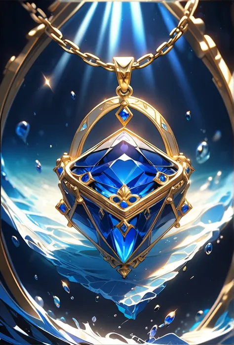 3DCG concept art.Drawing a very beautiful blue sapphire pendant、Blue sapphire is、It is a mysterious color that evokes the profound beauty of the deep sea..、Slightly elongated、Cut into a large diamond shape.、Framed with a thin diamond-shaped gold frame、A go...