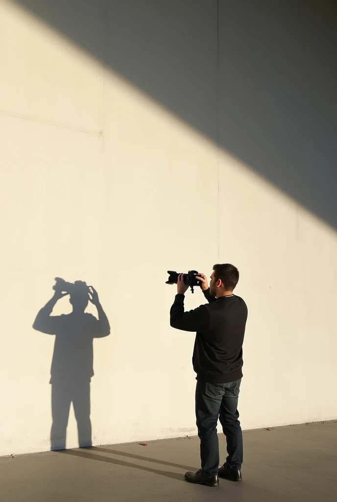 
 photographing his shadow falling on a wall