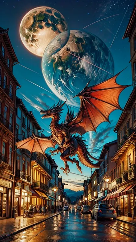 A stunningly majestic intricate scales red dragon flying high above a medieval city , night time 