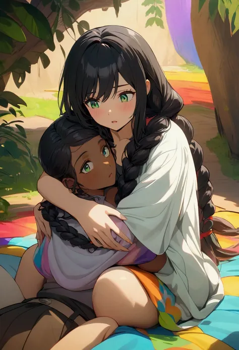 A 2 girl with braids in her black hair, dark-skinned, sitting on the floor on her knees with a look of fear with water green eyes, while being hugged by a boy with tanned skin and curly hair wearing colorful clothes, colorful environment full of details 