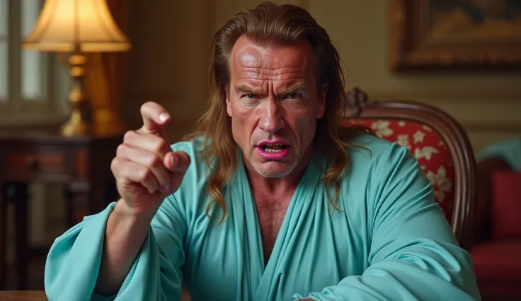 Create an image of Arnold Schwarzenegger standing in a lounge, wearing a blue-colored frock. He has long hair and a face full of wrinkles. He is wearing dark pink lipstick, and his expression is angry, as if he is arguing. One of his fingers is raised, emp...