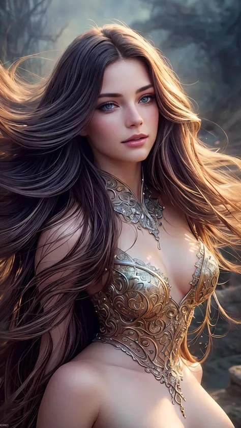 A beautiful woman, detailed eyes, long eyelashes, luscious lips, intricate facial features, flowing hair, sensual expression, elegant pose, mystical aura, fantasy landscape, ethereal atmosphere, glowing light, vibrant colors, cinematic lighting, digital ar...