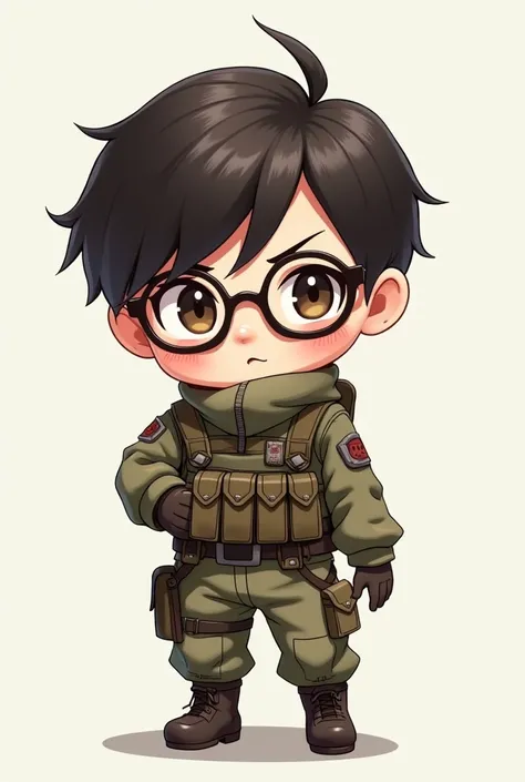 Chibi boy with a tactic clothes, middle hair and glasses