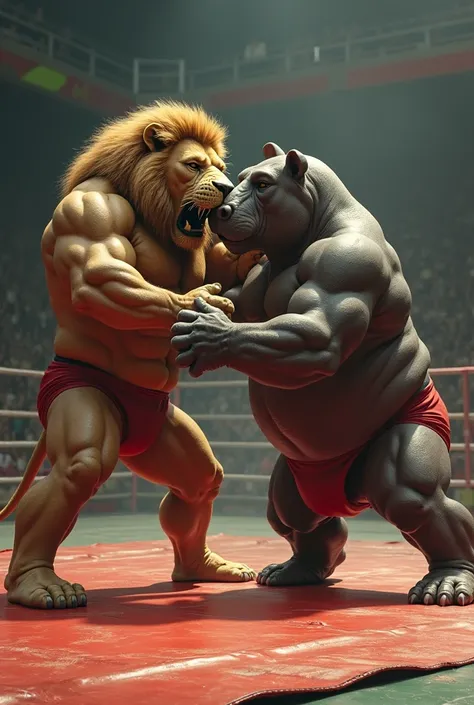 A lion and a hippopotamus with pumped-up bodies wrestle on a bartsov mat dressed in tights 