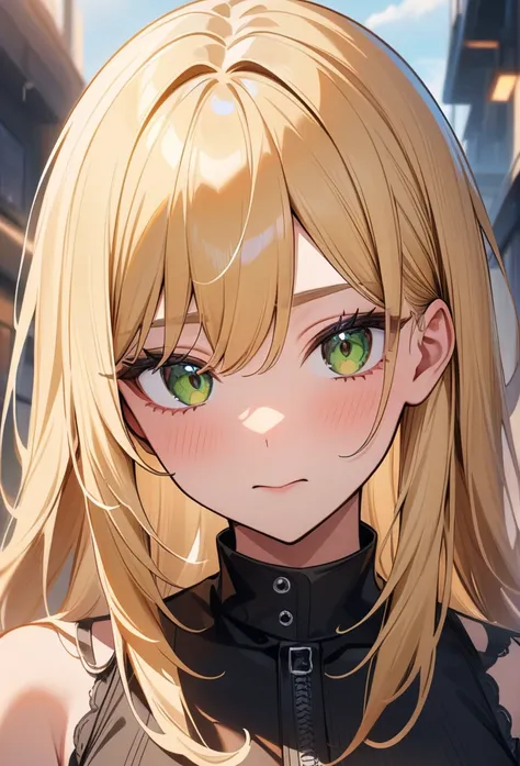 and 1 woman:, love green eyes, masterpiece, best quality, high quality. ( woman, long blonde straight hair, woman has green eyes, black sexy emo outfit) best quality, adorable, ultra-detailed, illustration, complex, detailed, extremely detailed, detailed f...