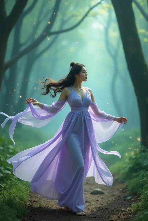 Portrait photography，close up，stupid green，real photo ，A beautiful girl，Wearing a light purple V-shaped sleeveless and off-shoulder Hanfu，Decorated with many flashing fireflies，Waving ribbons softly and elegantly ，Dancing in the forest shrouded in mist，Str...