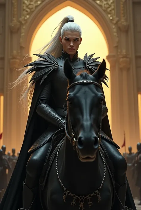 Create a prince of hell man, may he be young and beautiful, that has long white hair that is tied in a high ponytail with some loose strands over his face, that looks serious. Put on dark armor with leaf-shaped shoulder pads that fall over his arms, that h...