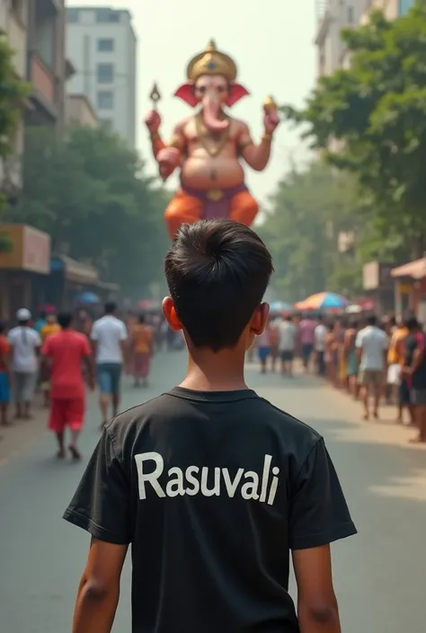 A attitude boy with black t shirt with name of rasuvali in the road in back side the Ganesh is coming