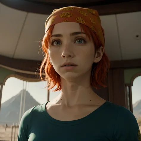 emilyrudd, nami, a woman with red hair an a green shirt wearing a bandana, looking at viewer, standing at attetion