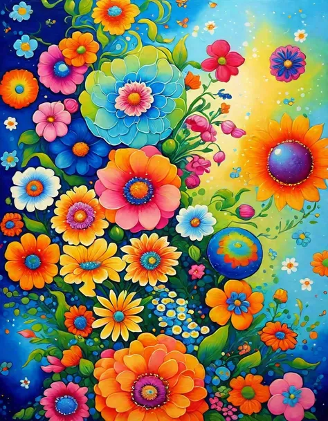 masterpiece,best composition,best quality,painting with bouquet on blue background,psychedelic floral planet,magical colorful fl...