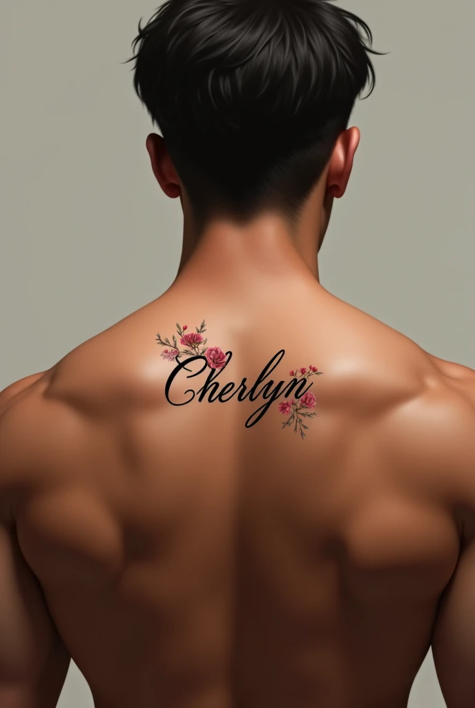 Create an image of a male back with a tattoo that says Cherlyn and the tattoo has roses and is small and above all looks very realistic
