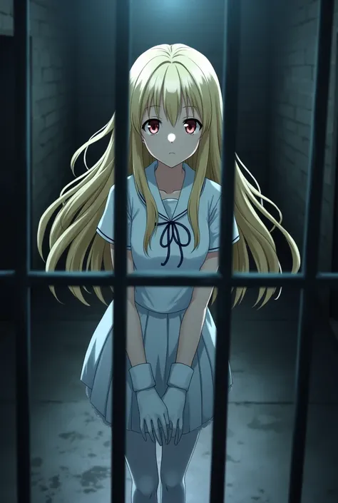 blonde long hair anime girl，wear white student，Wearing a white pleated skirt，Put on white tights，Put on long white gloves，Imprisoned in prison￼￼￼￼￼