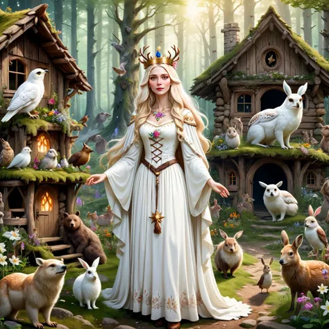 a woman dressed as a white witch, she has long, well-styled blonde hair, she is wearing a white tunic, a crown of forest flowers, she is surrounded by many forest animals, she is outside an old cabin made of wood and stones, there is a bear, a bird, deer, ...