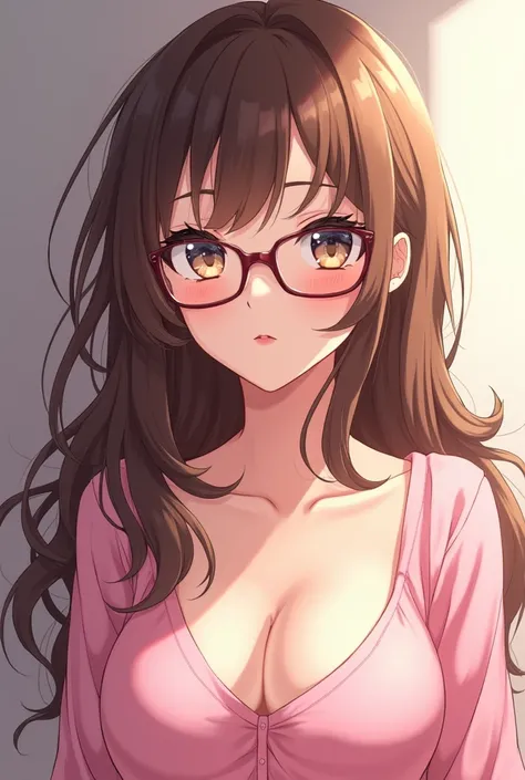 Create a brunette anime girl with glasses and light brown hair with a pink shirt where you can see half of her chest 