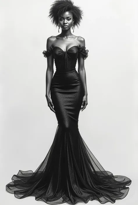 Sketch in pencil a black woman in her middle 20s in a black shimmering off-shoulder evening gown, with a hourglass figure 