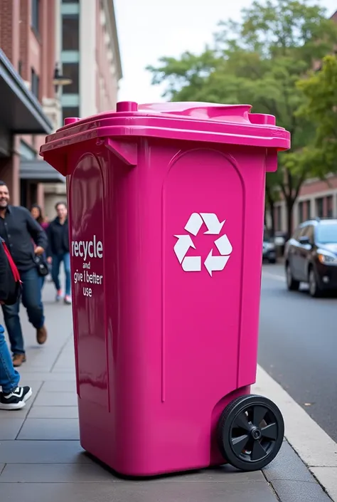 I need an image showing a large basket on the street to be able to throw recyclables in a recycling campaign. May it be great,very large and pink and in very good condition and in front of a school. That next to it there is a sign that says: "recycle and g...